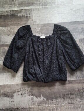 AYR The Midsummer Top Cotton Blouse Black Crop Puff Sleeve Textured Small